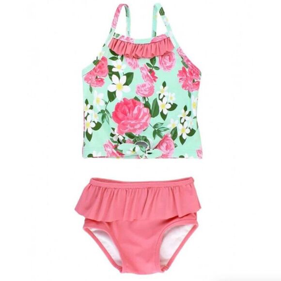 NWT! Ruffle Butts Pink Green Rosy Sweetheart Ruffle Tie Tankini Size 5 - Picture 1 of 5